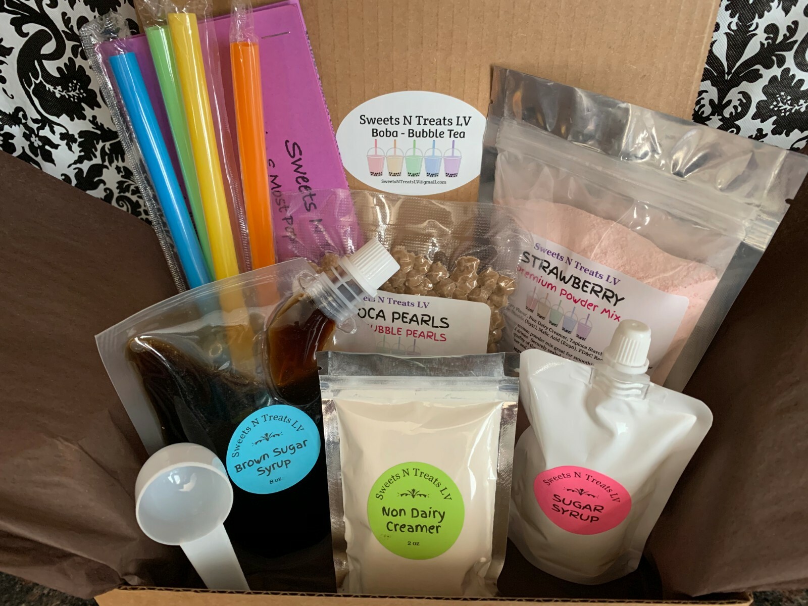 STRAWBERRY Powder Boba Bubble Tea Tapioca Pearls Brown Sugar Syrup DIY KIT New