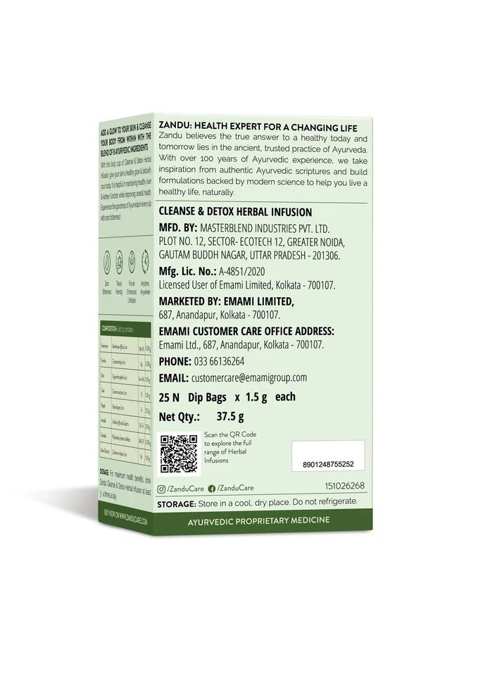 Zandu Cleanse Detox Herbal Green Tea 25 Bags | Skin Glow & Body Detox, 90g