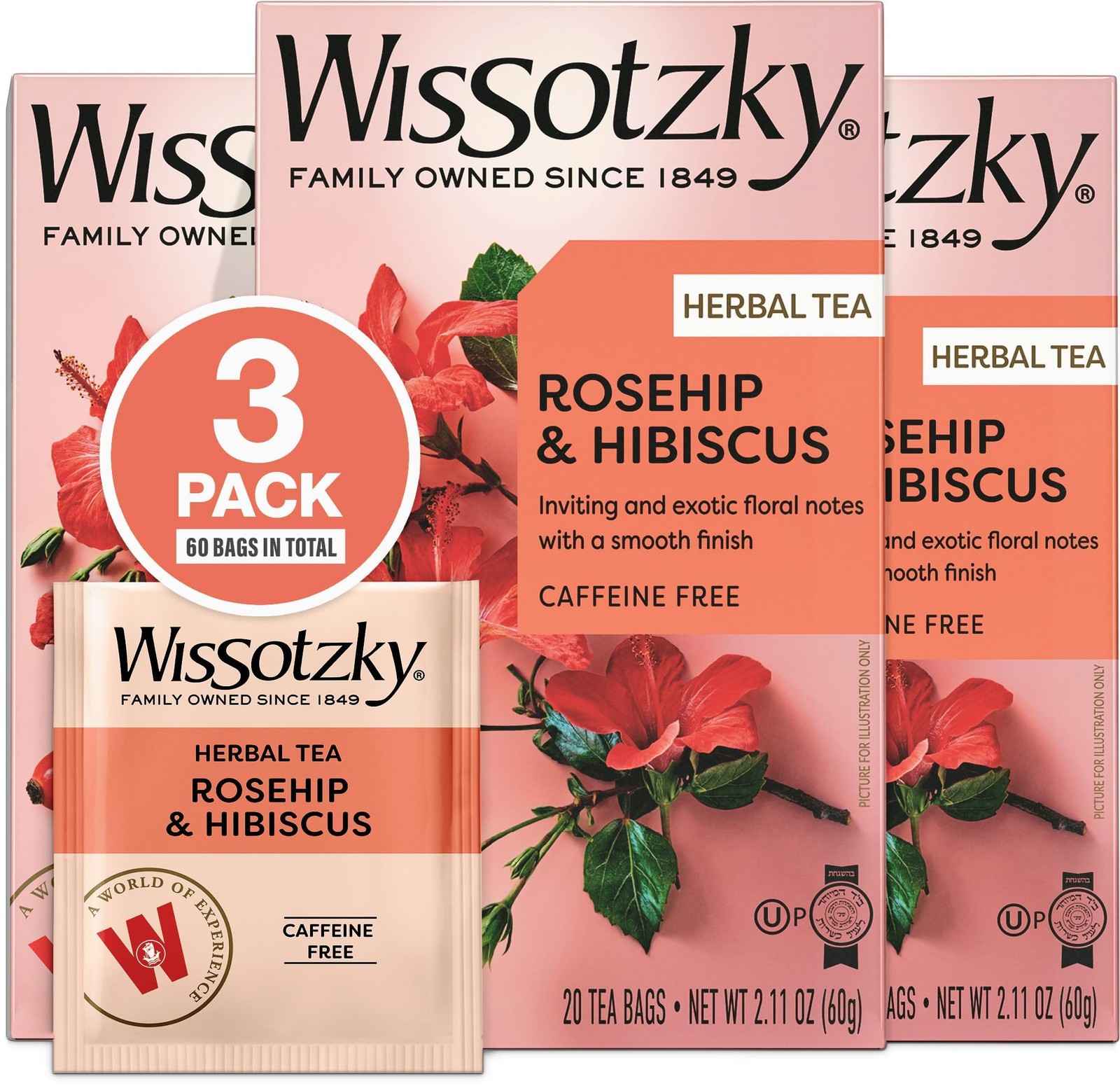 Rosehip Hibiscus Herbal Tea – Caffeine-Free Immune Boost 3 Pack, 60 Bags