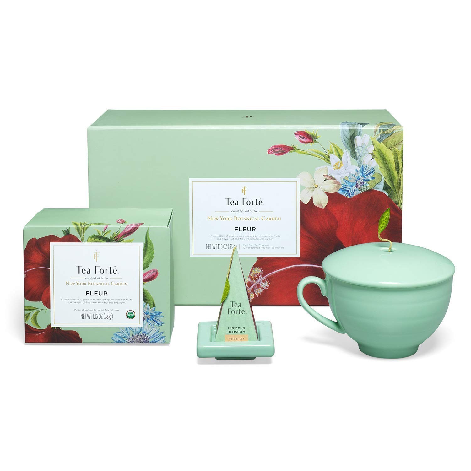 Tea Forte Fleur Tea Gift Set Cafe Cup Tray 10 Pyramid Infuser Tea Bags
