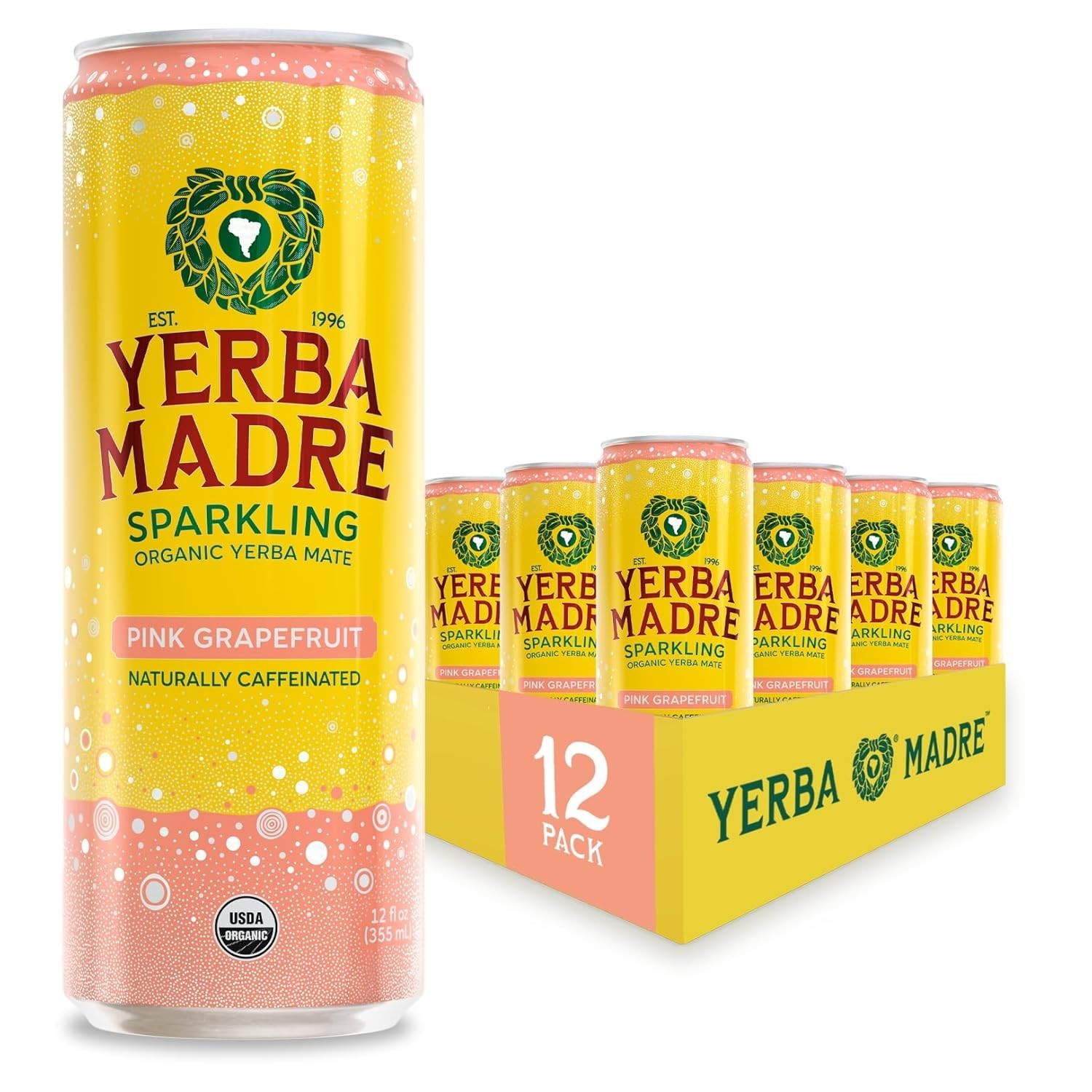 Yerba Madre Organic Sparkling Yerba Mate, Pink Grapefruit, 115Mg Natural Plant B