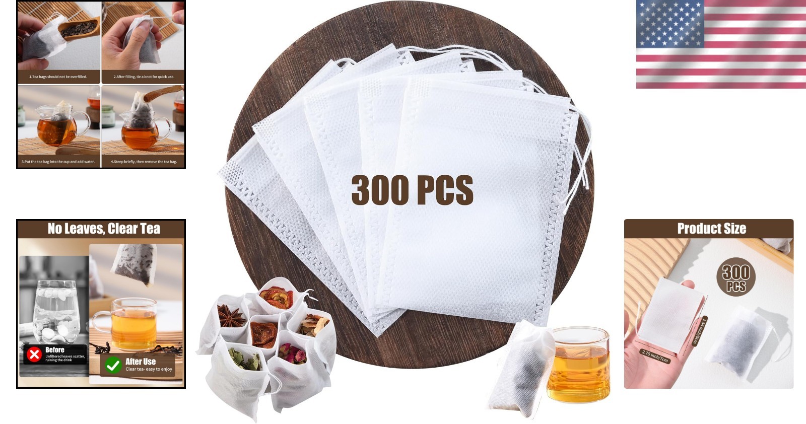 300 Pcs Fillable Tea Bags – Ideal for Tea, Herbs, and Spices, 3.54×2.75