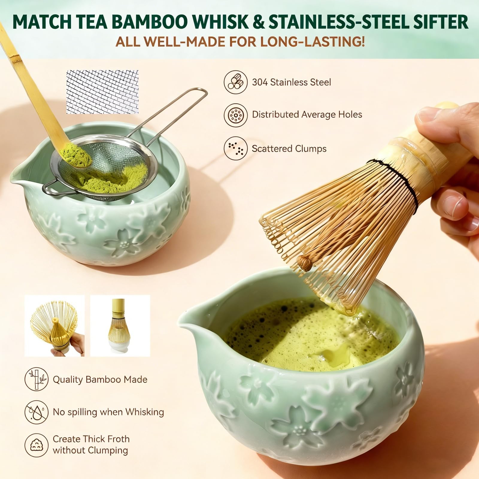 Matcha Set – Complete Matcha Kit with Ceramic Bowl, Bamboo Matcha Whisk, Wood…