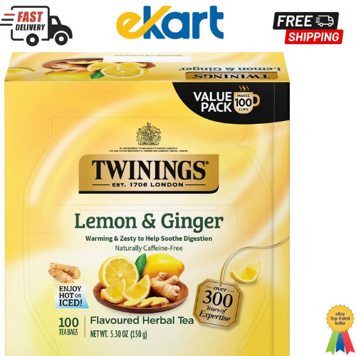 Twinings Lemon & Ginger Herbal Tea Individually Wrapped Bags, 100 Count