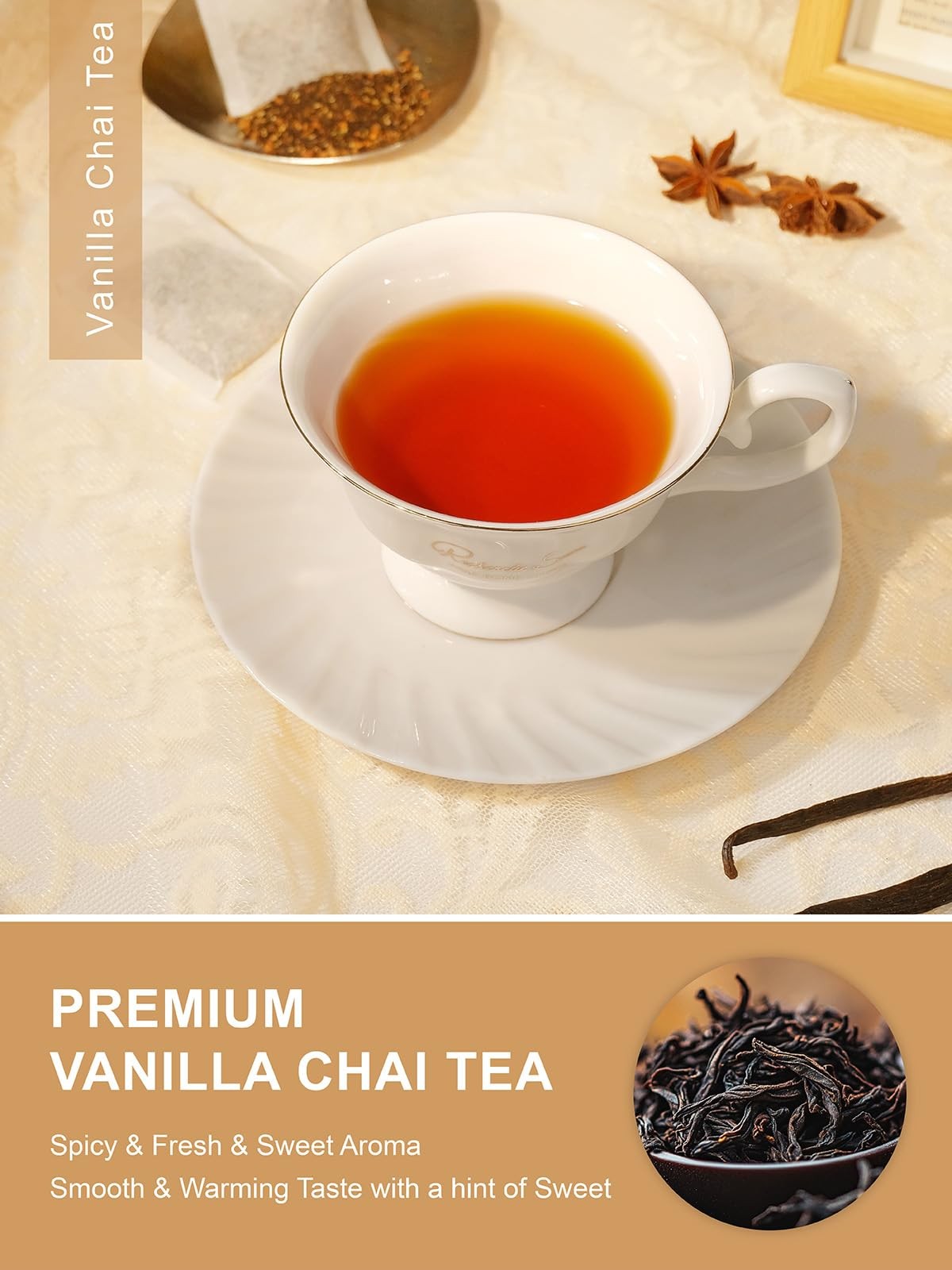 Vanilla Chai Tea Bags, Premium Black Tea with Cinnamon, Ginger, Cardamom, Sta…