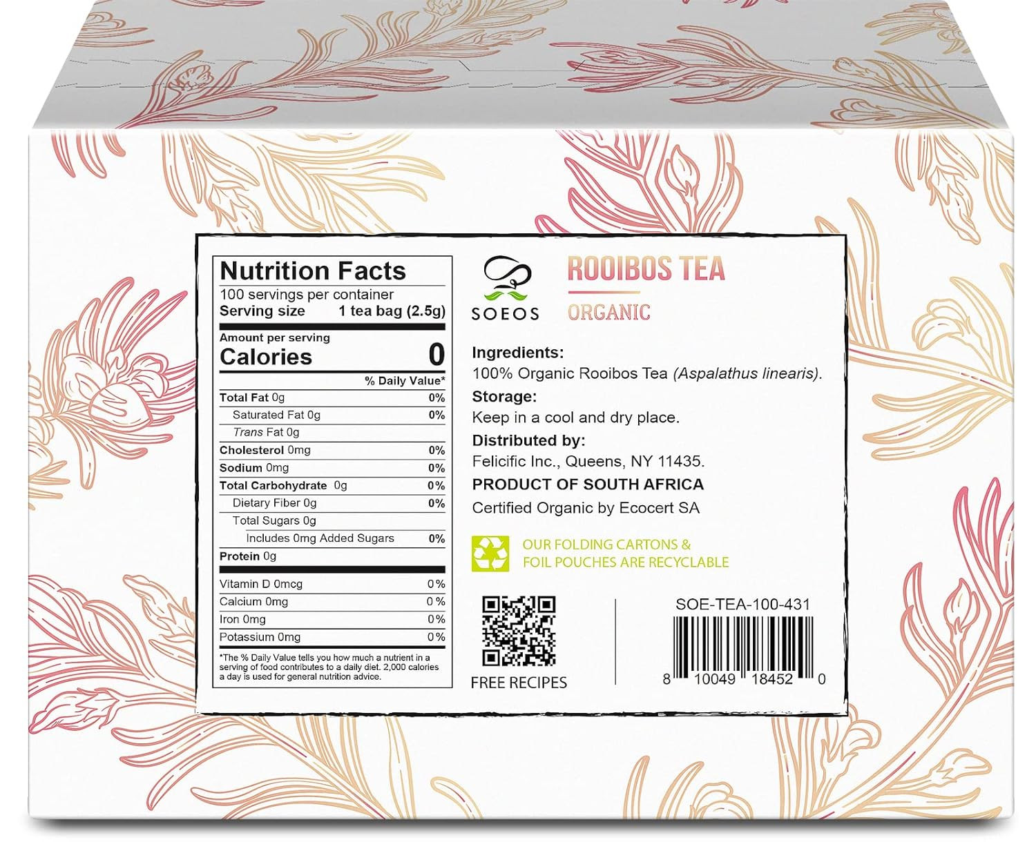 Soeos Organic Rooibos Tea, 9Oz (250G), 100 Tagless Tea Bag, Naturally Caffeine F