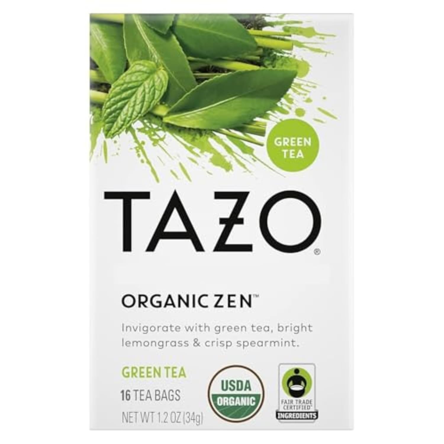 TAZO Organic Zen Green Tea, Caffeinated Tea with Refreshing Lemongrass & Spearmi