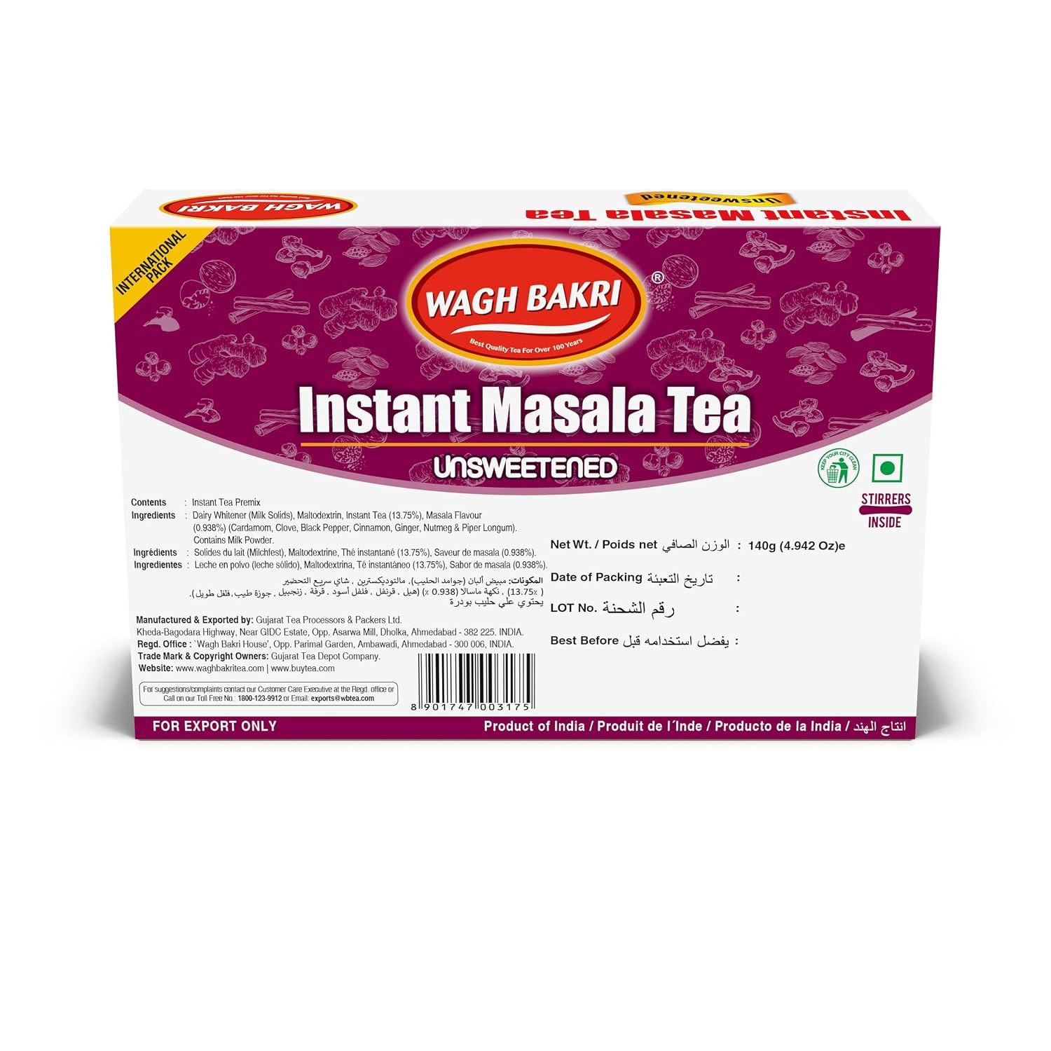 Instant Masala Chai Tea Unsweetened 10 Sachets 140g
