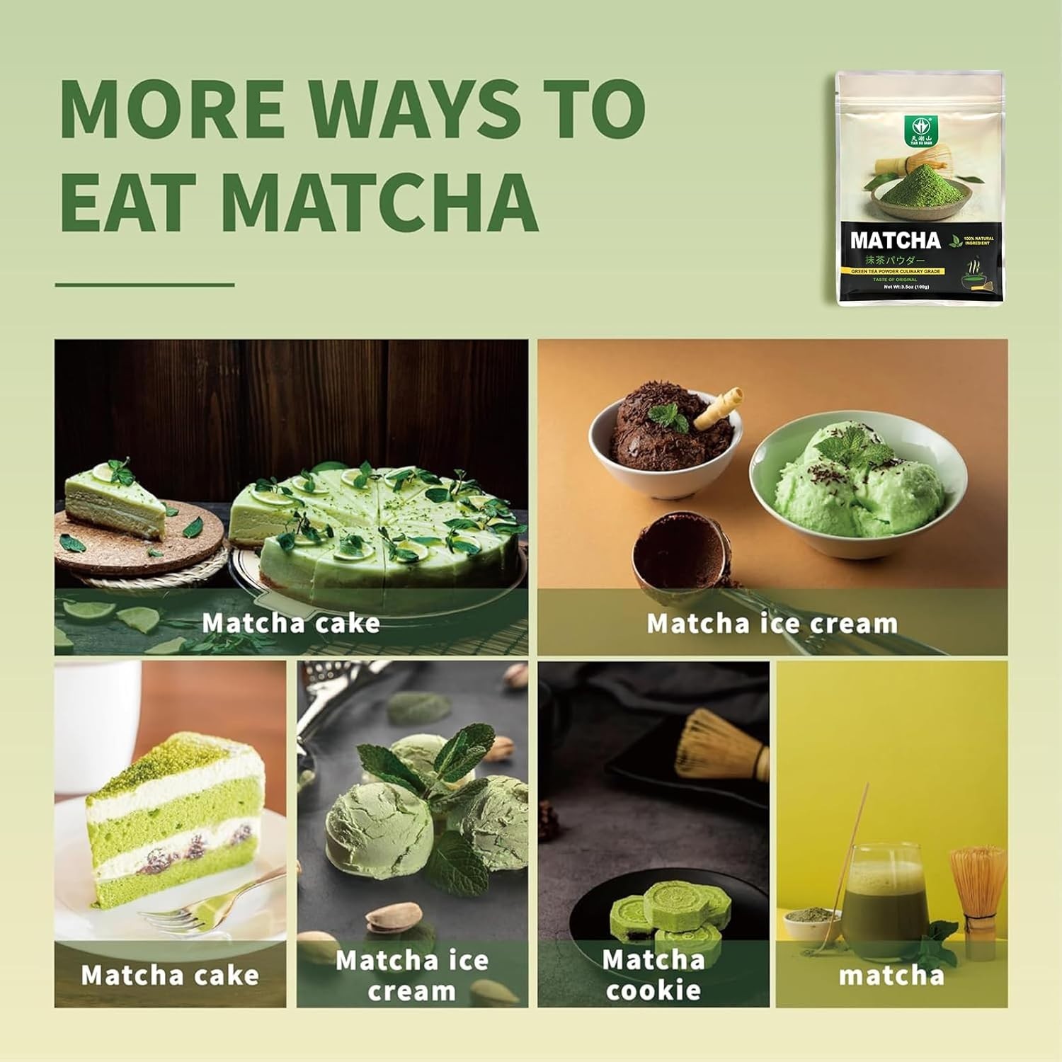 Pure Matcha Powder Green Tea Powder for Latte, Cooking, Baking,100% Natural
