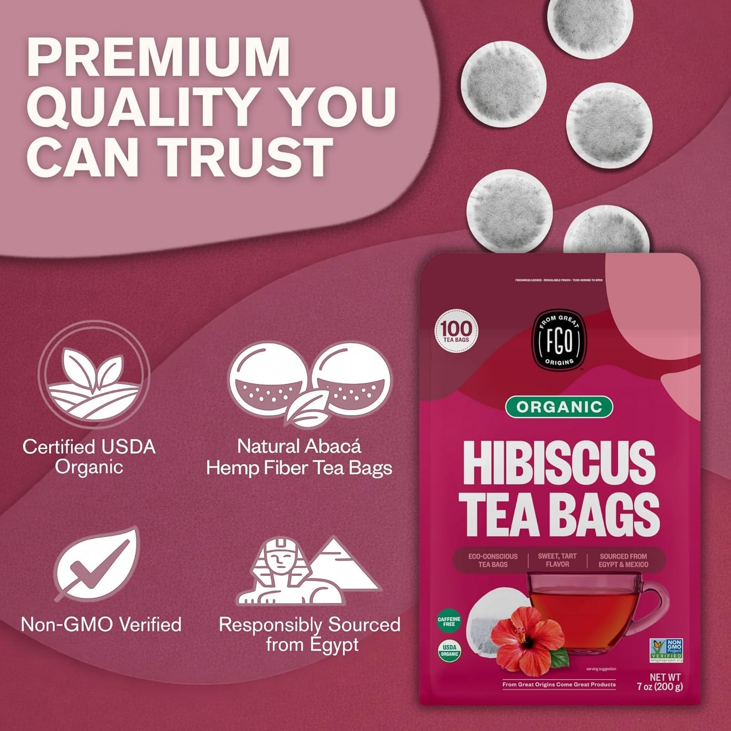 USDA Organic 100 Count Hibiscus Tea Bags – Sweet & Tart Flavor, Zero Caffeine