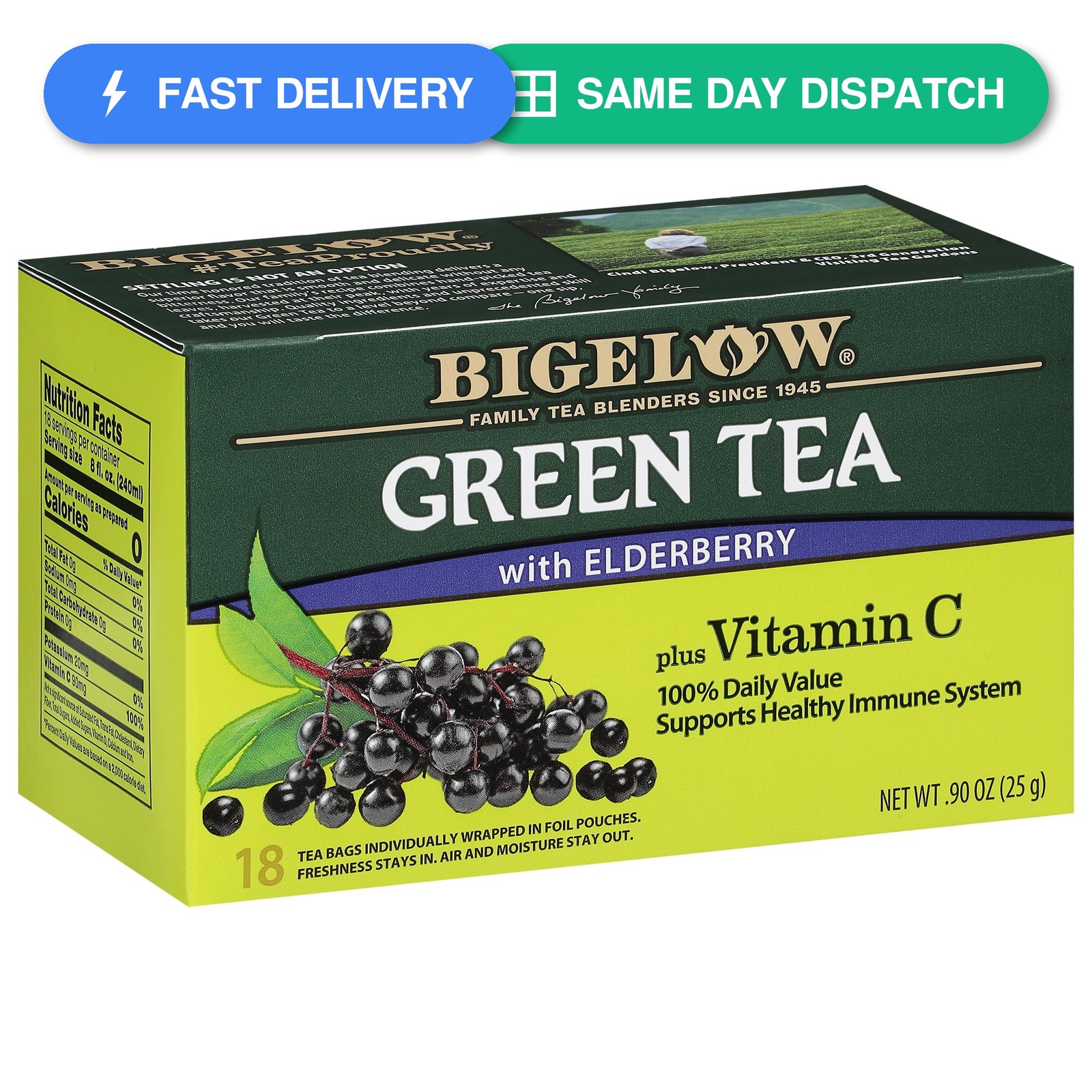 Bigelow Tea Green Tea with Elderberry Plus Vitamin C, Caffeinated Tea with…