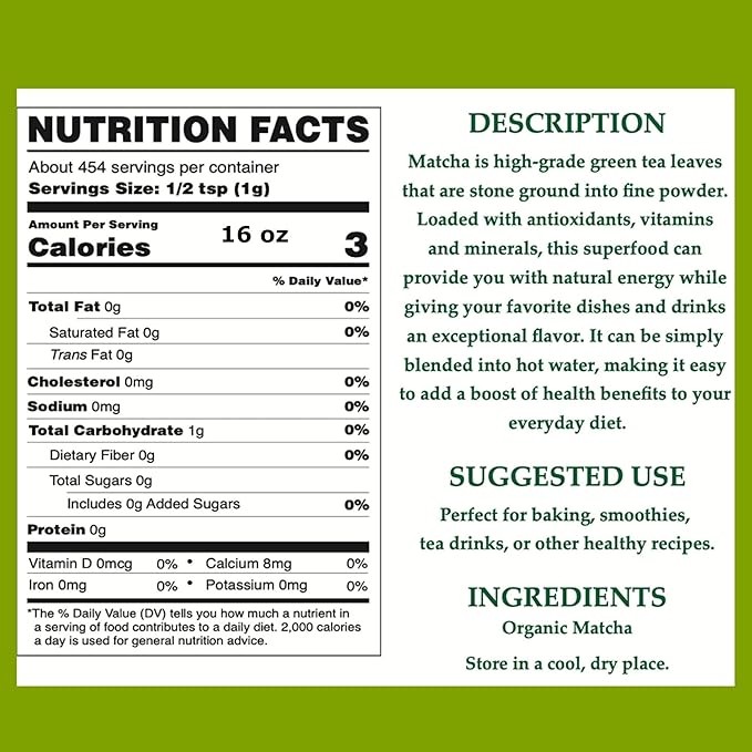 Cherie Sweetheart Organic Matcha Green Tea Powder – 16oz