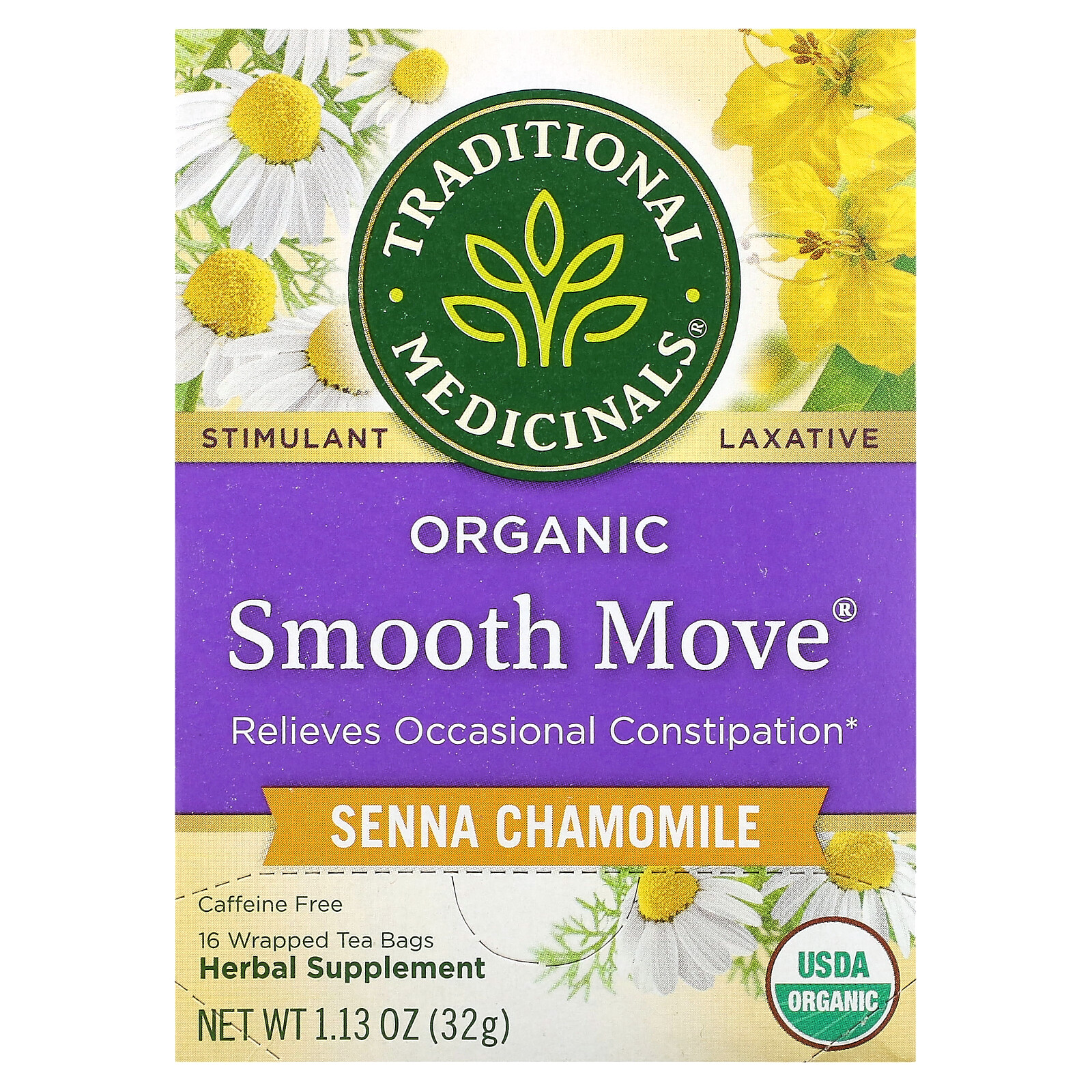 Organic Smooth Move, Senna Chamomile, Caffeine Free, 16 Wrapped Tea Bags, 1.13