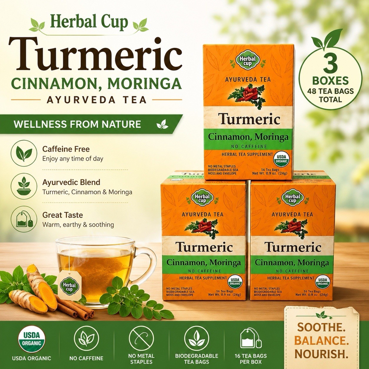 Tea Turmeric Cinnamon Moringa 16 Bags (Case Of 3) By Herbal Cup Exp 12/31/2029