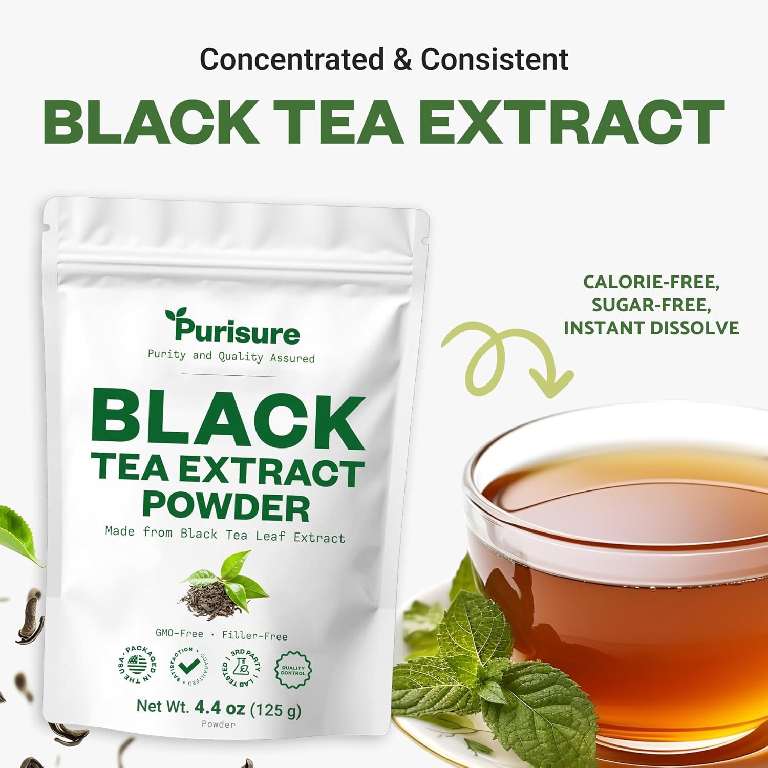 Purisure Instant Black Tea Powder 125g, No Added Sugar Dissolves Easily 125 Uses