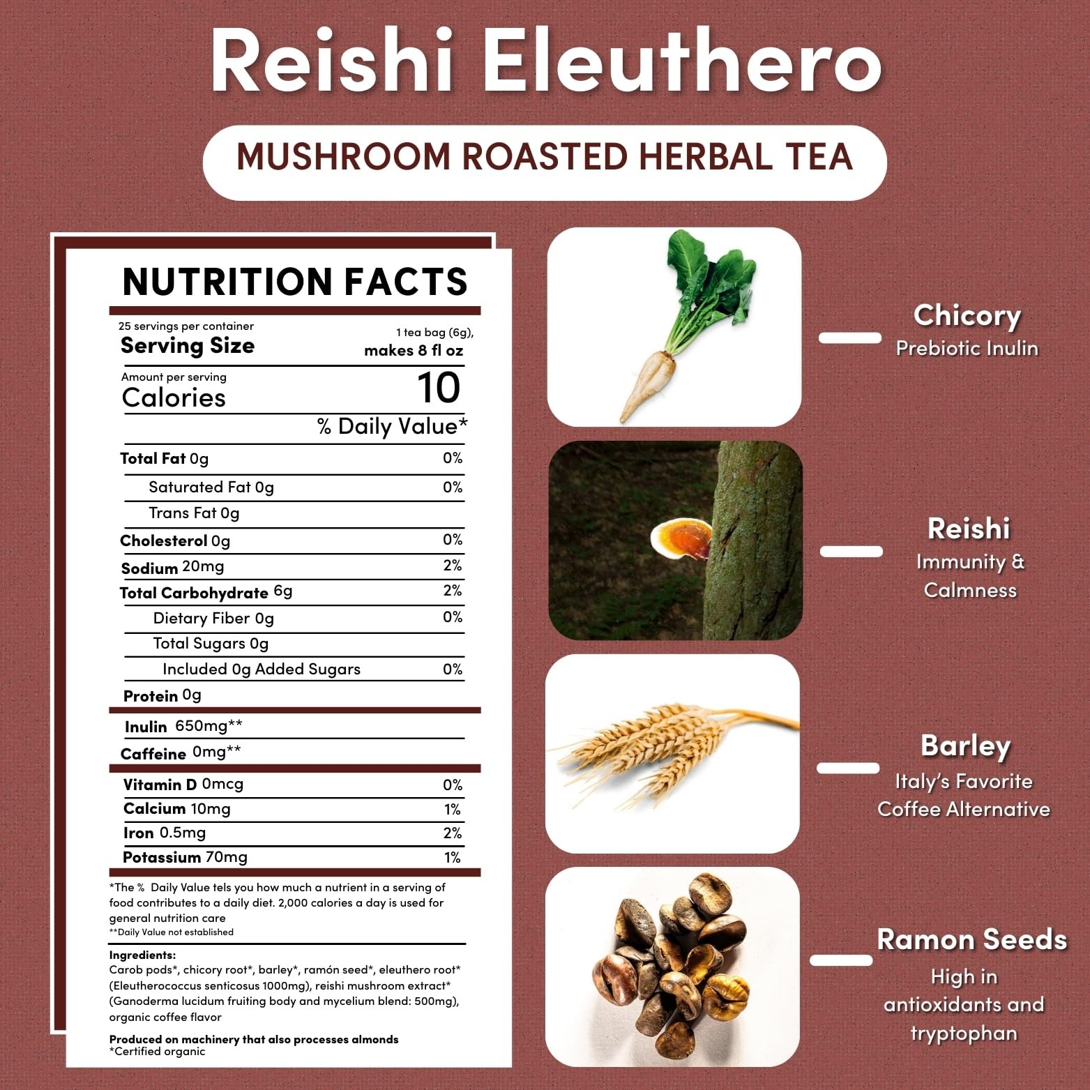 Teeccino Reishi Eleuthero Tea French Roast Organic Mushroom Adaptogenic Her…