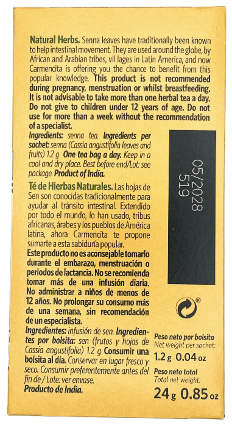 Carmencita. Natural Herbs Senna leaves Infusion (20 teabags). 24g (0.85oz).