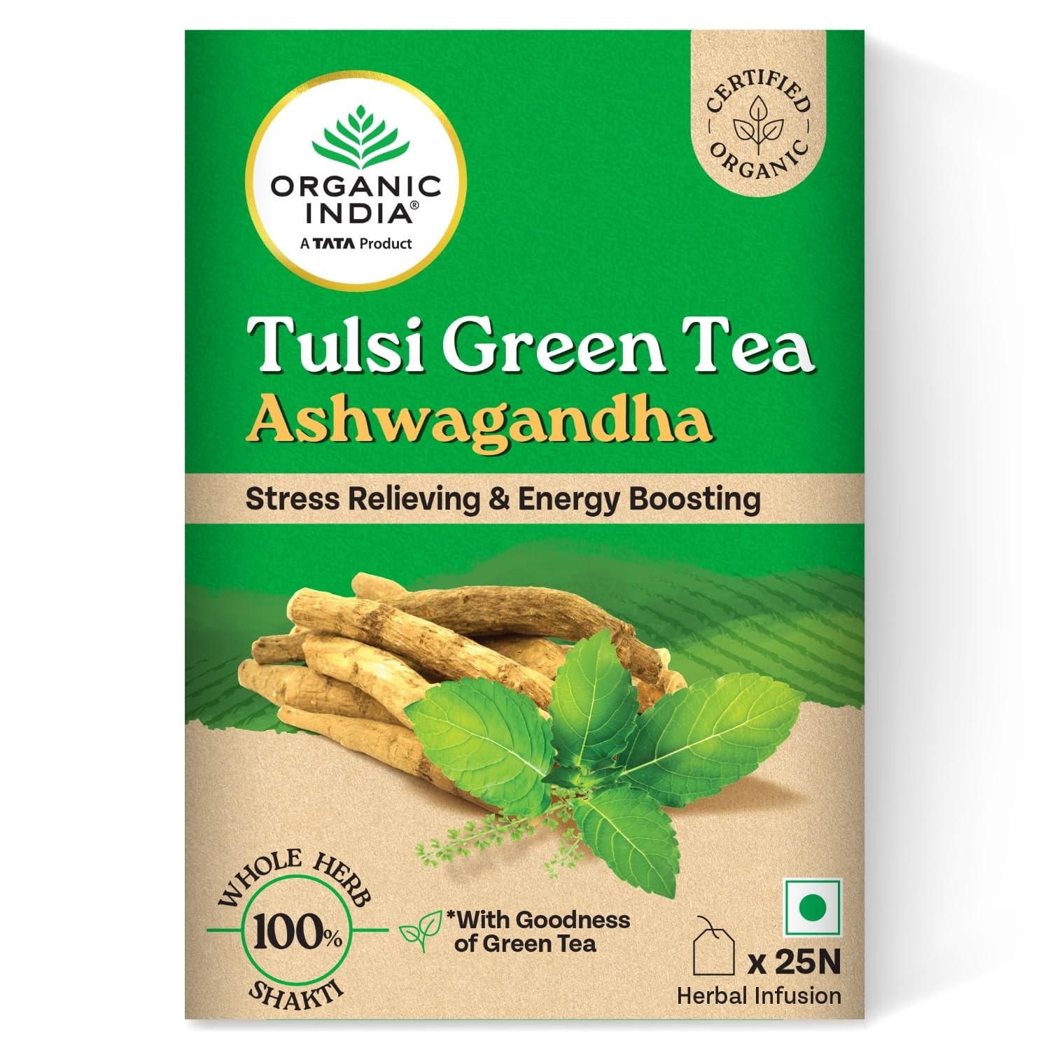 Organic India Tulsi Green Tea Ashwagandha Tea Bags Pack Of 25 Tea Bags