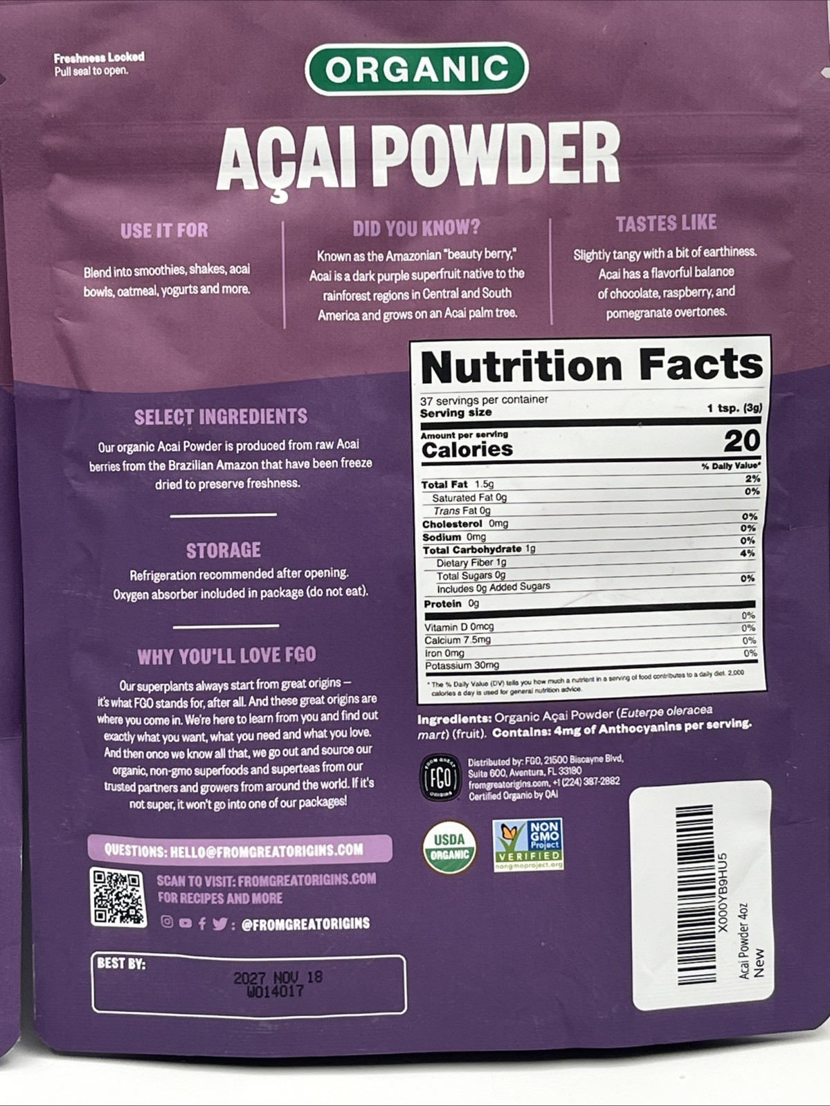 2 bags From Great Origins Organic Acai powder 4.oz each From Brazil 11/18/2027