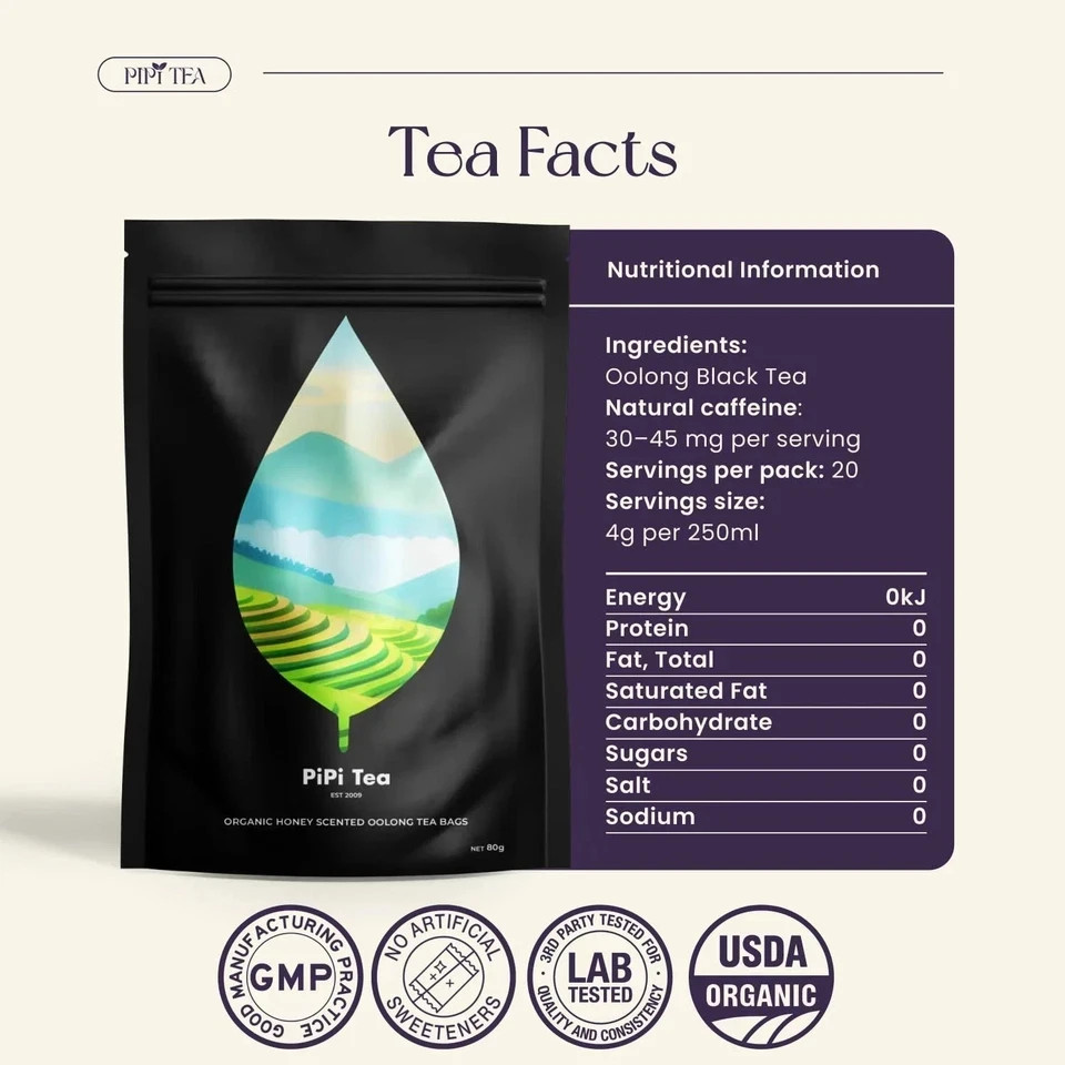 PiPi Tea Organic Oolong Tea Bags–Whole Leaf, 20 Bags(4g Each)–Cortisol & Calming