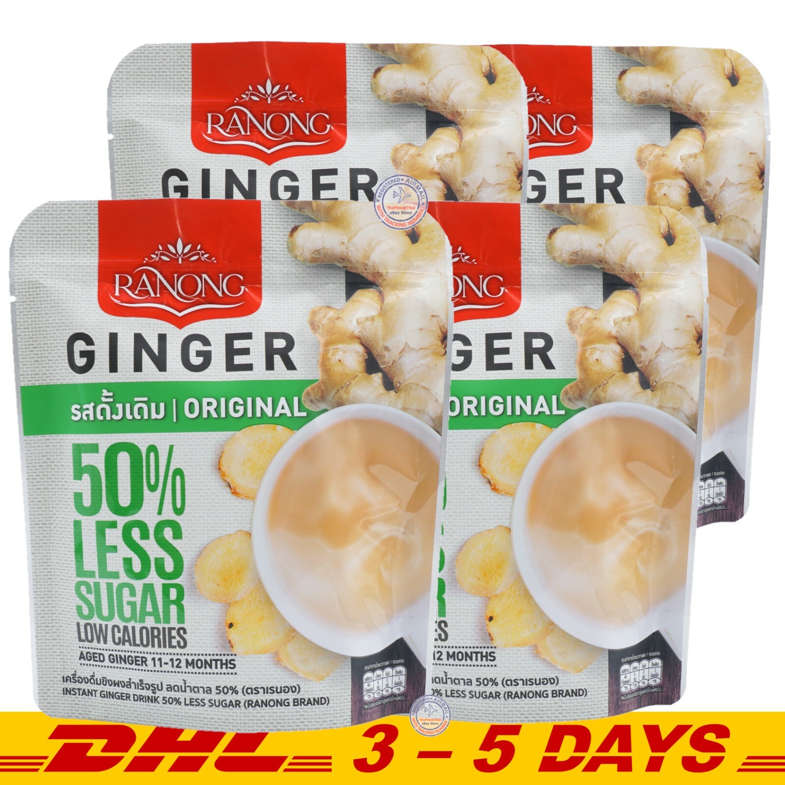 Ranong Ginfresh, Instant Ginger Drink 50% Less Sugar Original 10g x 40 Sachets