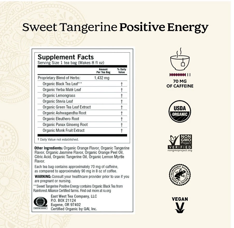 Yogi Sweet Tangerine Positive Energy Tea Bags, Contains Caffeine, Organic, 16 Ct