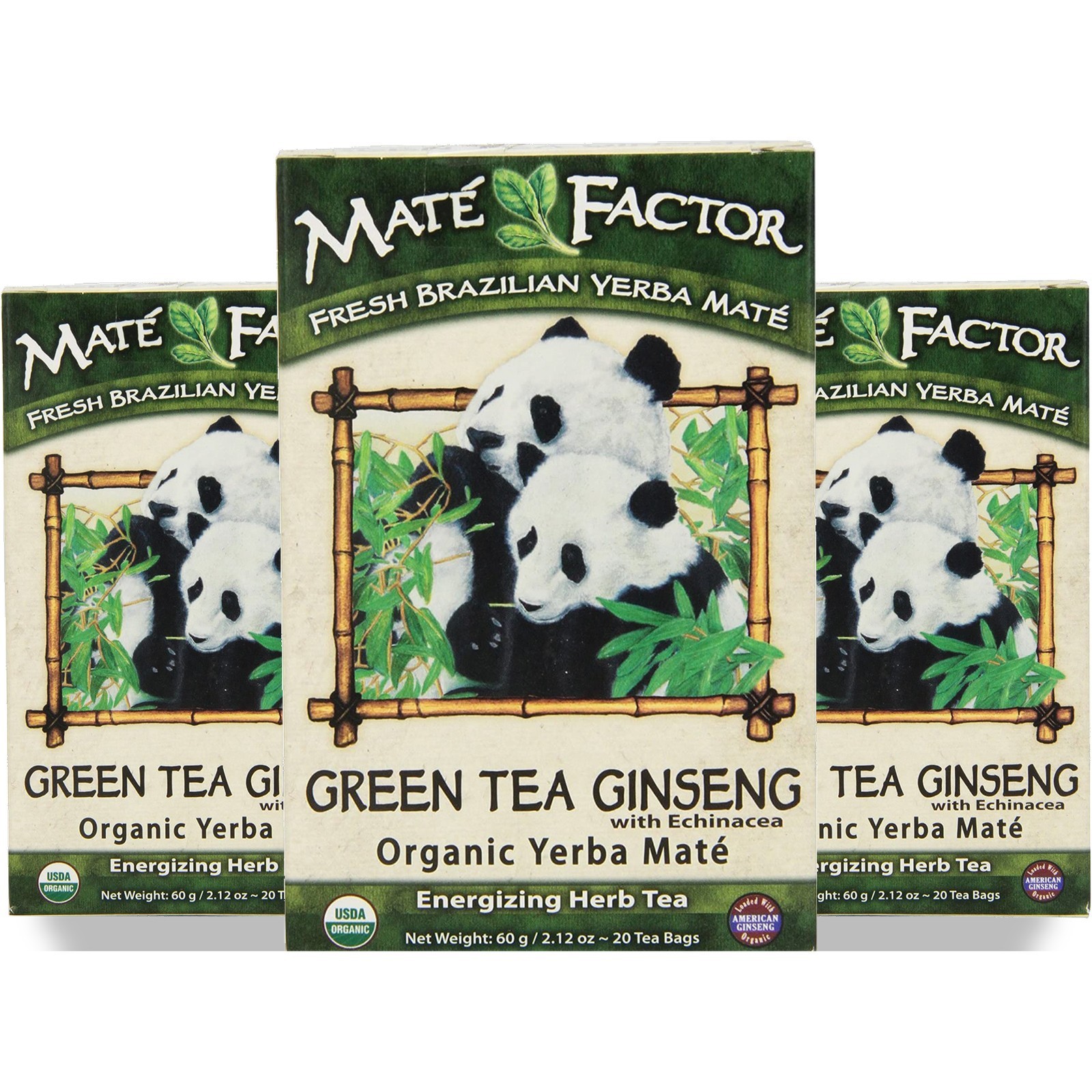 Mate Factor Organic Yerba Green Tea Ginseng 20 Bags 3 Pack