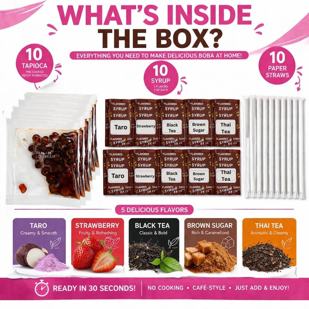 Instant Bubble Tea Kit (10 Servings) 5 Flavors Variety Pack, Ready in 30 Seco…