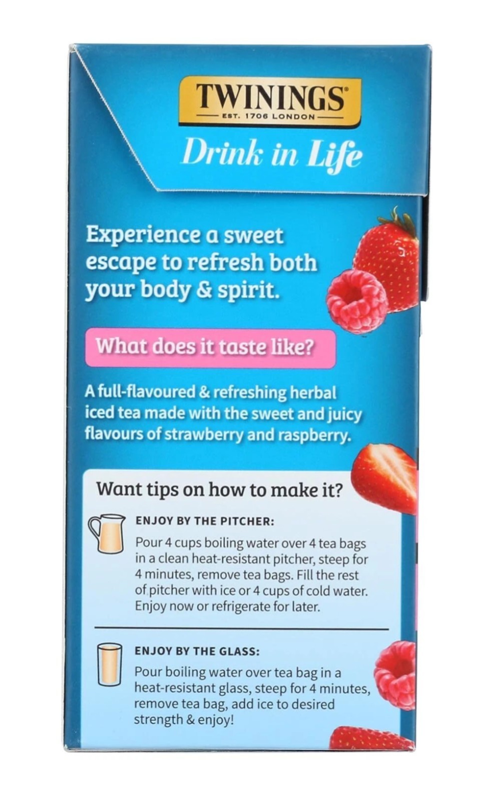 Twinings Strawberry & Raspberry Flavored Iced Tea Bags 72 Count Exp. 7/16/27