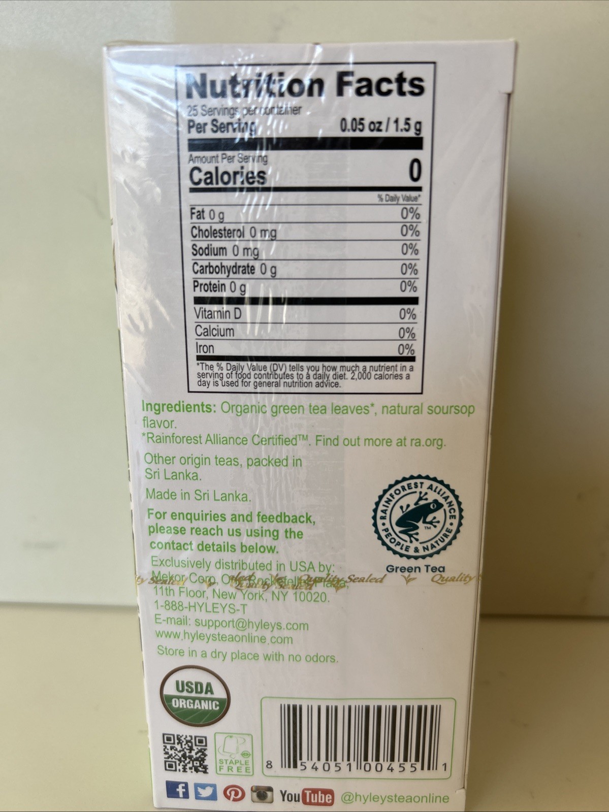 Hyleys Organic Green Tea Soursop Flavor, 25 Tea Bags – Guanabana Flavor