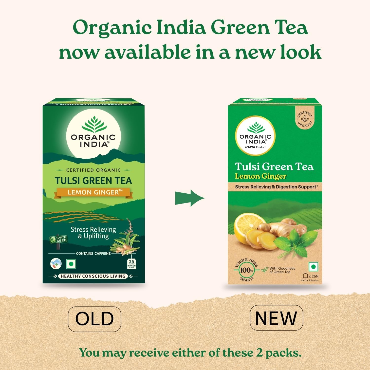 Organic India Tulsi Green Tea Lemon Ginger 25 Tea Bags | Supports Digestion