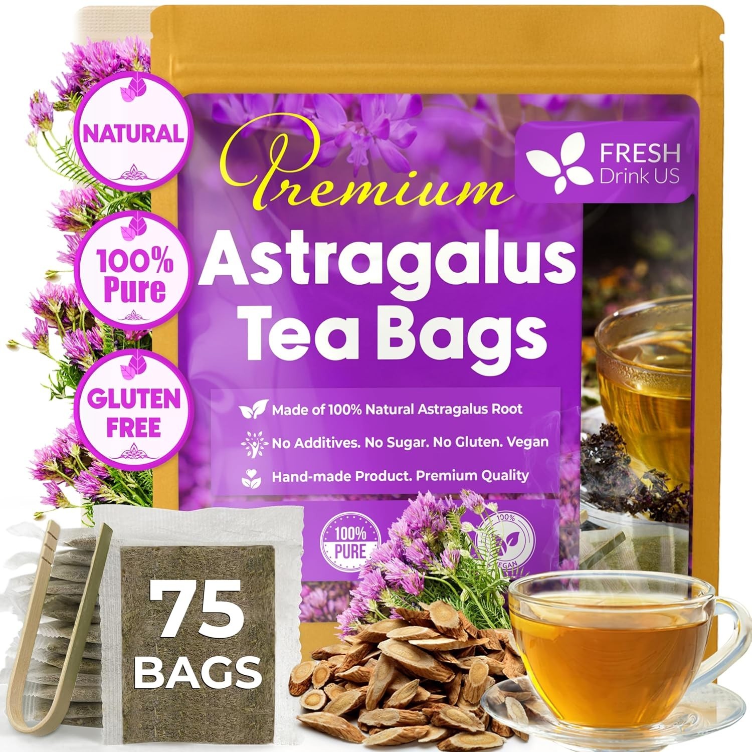 75 Astragalus Root Tea Bags Natural Herbal Caffeine-Free Vegan Gluten-Free