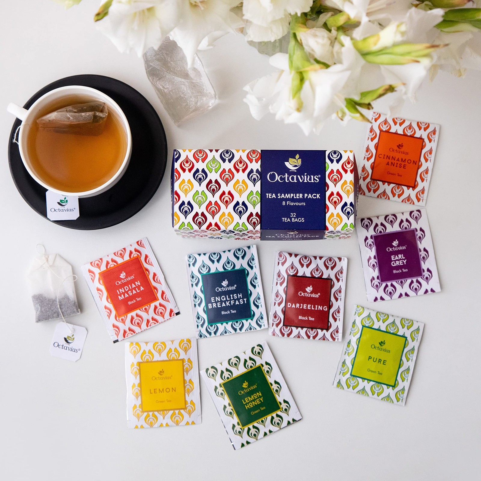 Octavius Tea Sampler Pack Assorted Black Green 32 Bags