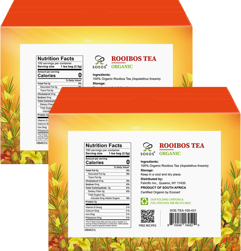 Organic Rooibos Tea,100 Teabag, 9oz (250g), 2 Packs,Total Weight of 18 oz (500g)