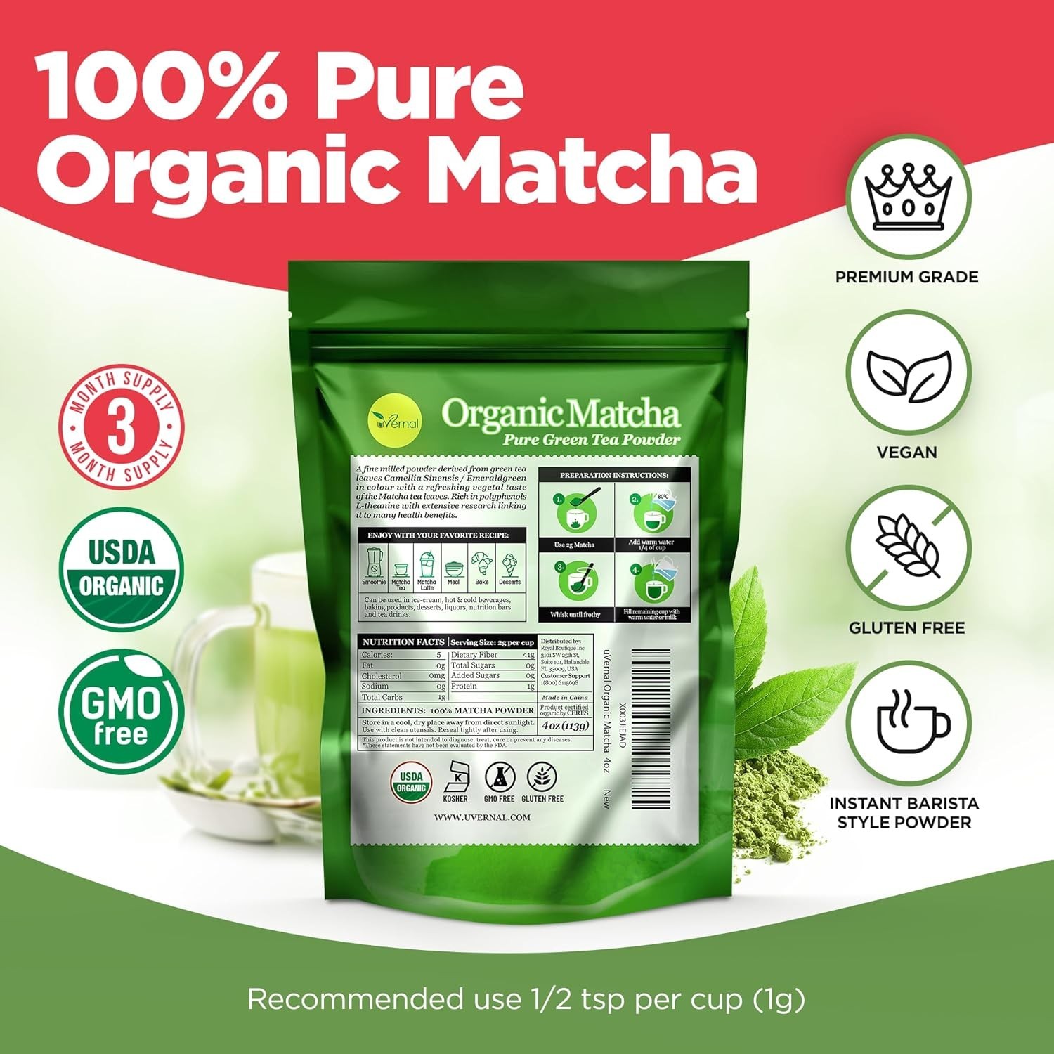 uVernal Organic Matcha Green Tea Powder – 100% Pure Matcha for Latte & Baking