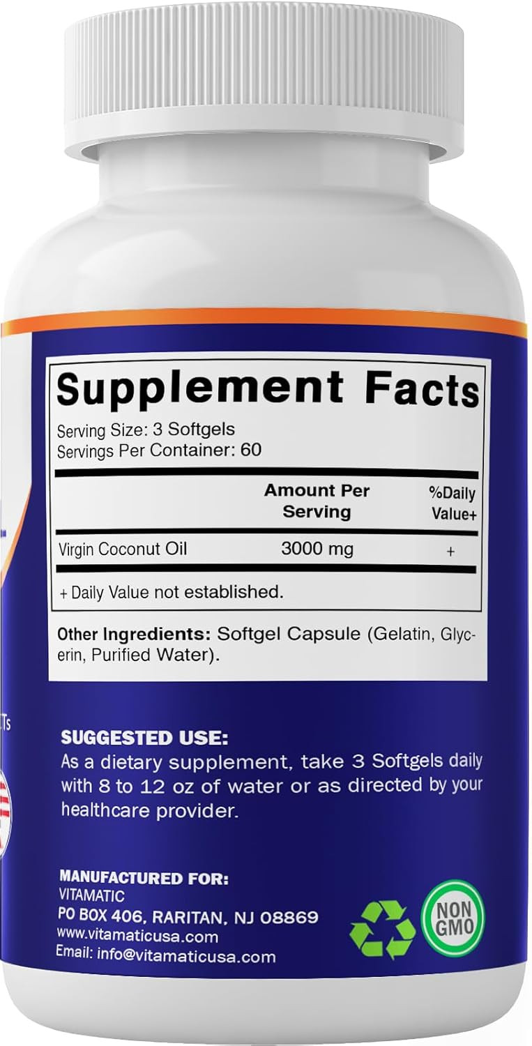 Vitamatic Virgin Coconut Oil Softgels, 3000 mg Per Serving, 60 Servings, 180…