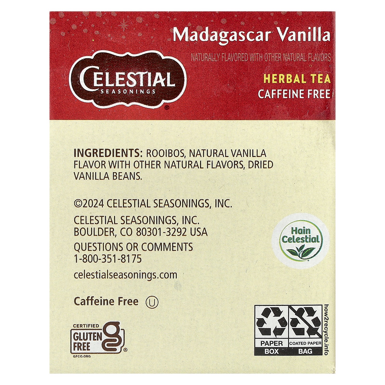 African Red Herbal Tea, Rooibos, Madagascar Vanilla, Caffeine Free, 20 Tea Bags,