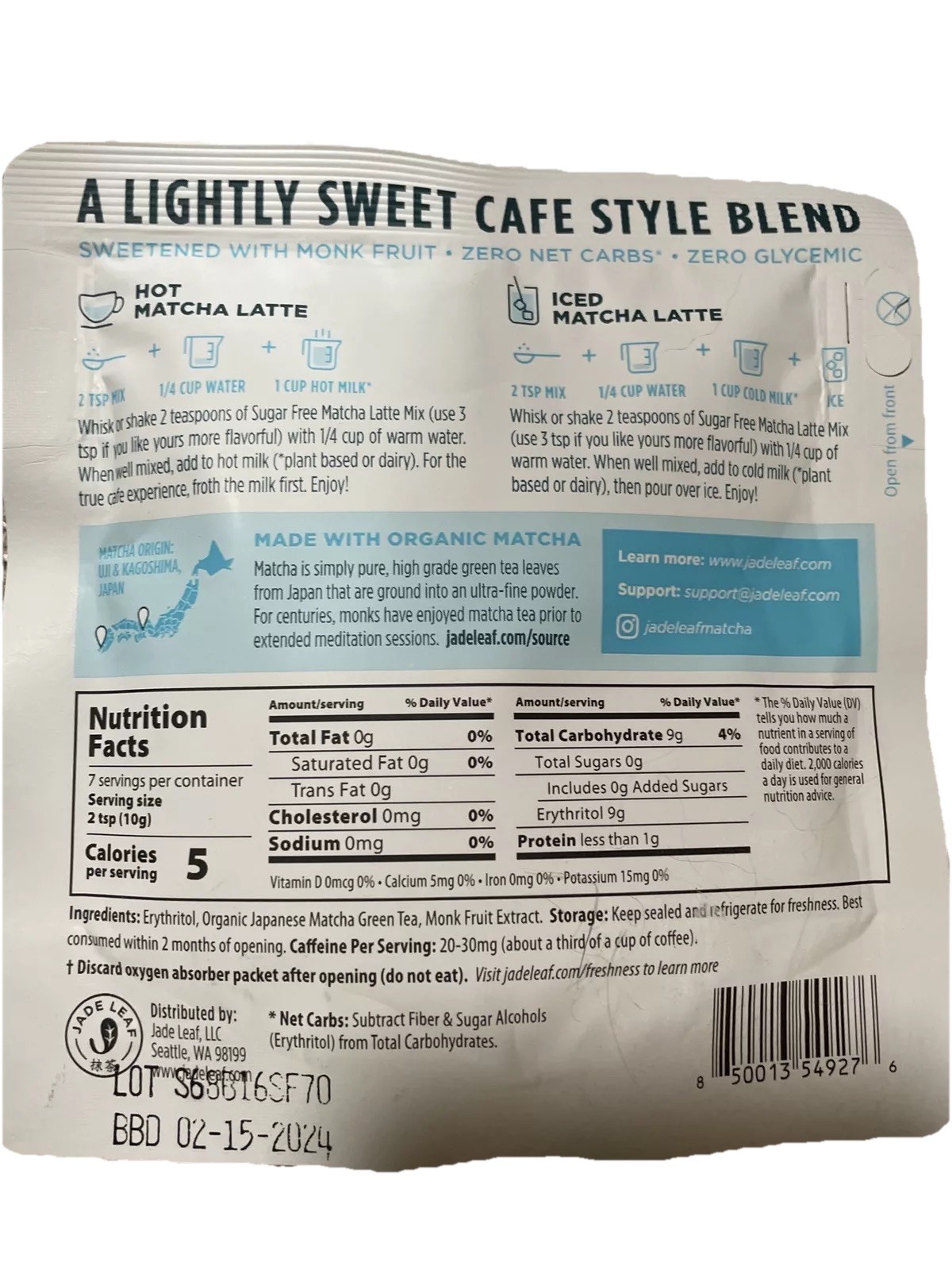 Jade Leaf Sugar Free Organic Matcha Latte Mix Cafe Style Sweetened Blend 2.5 Oz