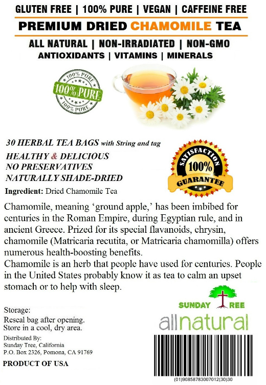 Chamomile Tea 30 Bags 100% Natural Premium Calming Tea Resealable Pouch