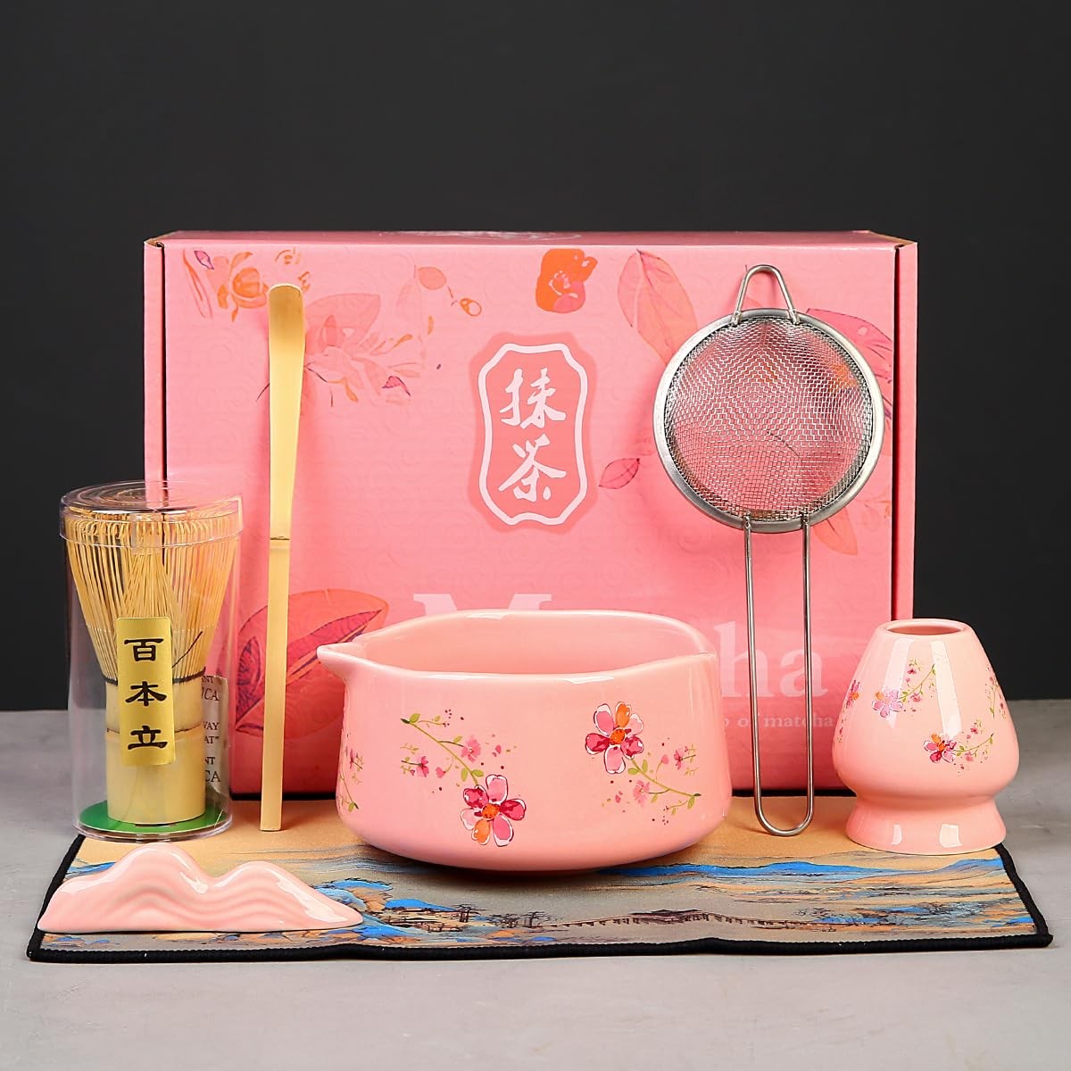 Matcha Whisk Set 7 Piece Pink Kit With Scoop Strainer Bamboo Traditional Tool