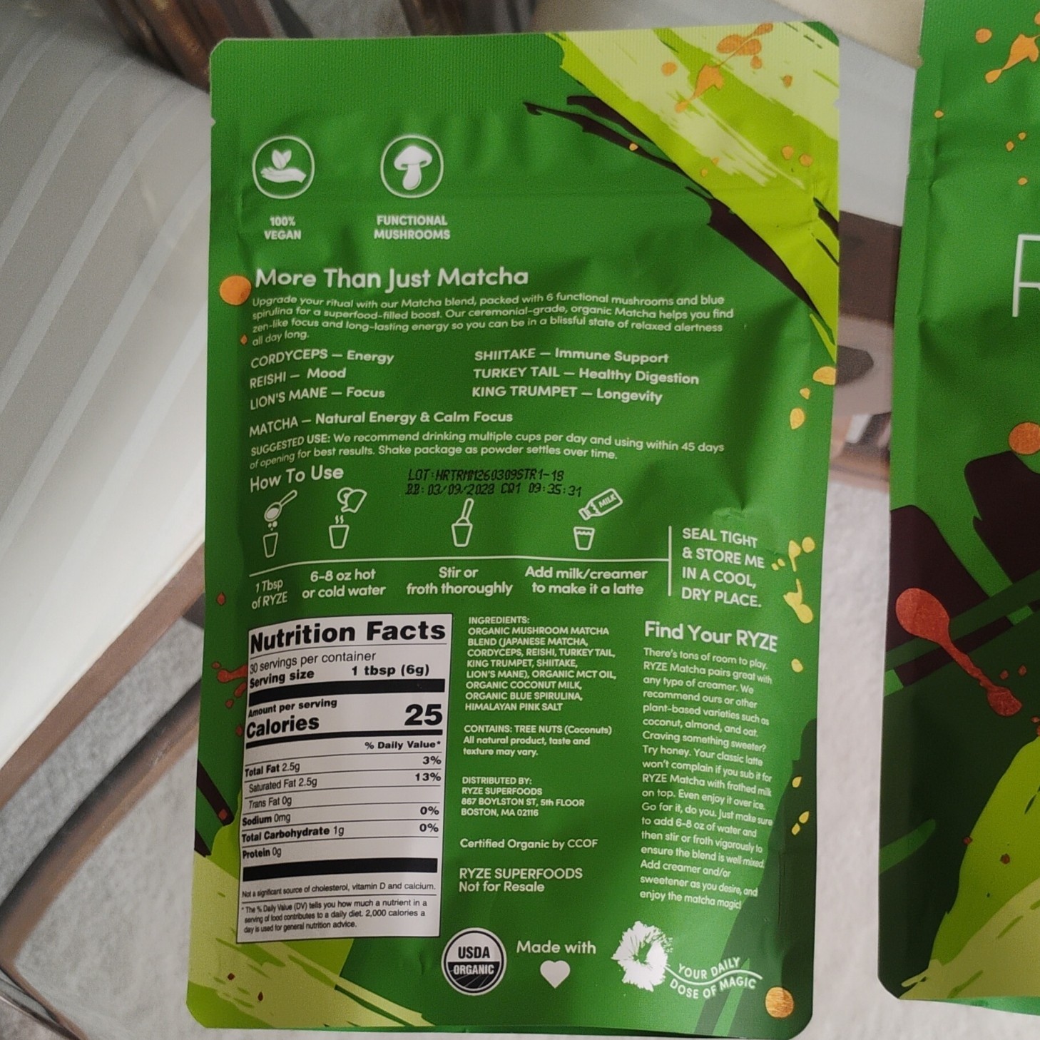Ryze Mushroom Matcha Powder Drink Mix, USDA Organic Vegan, 2-Pack (180g)