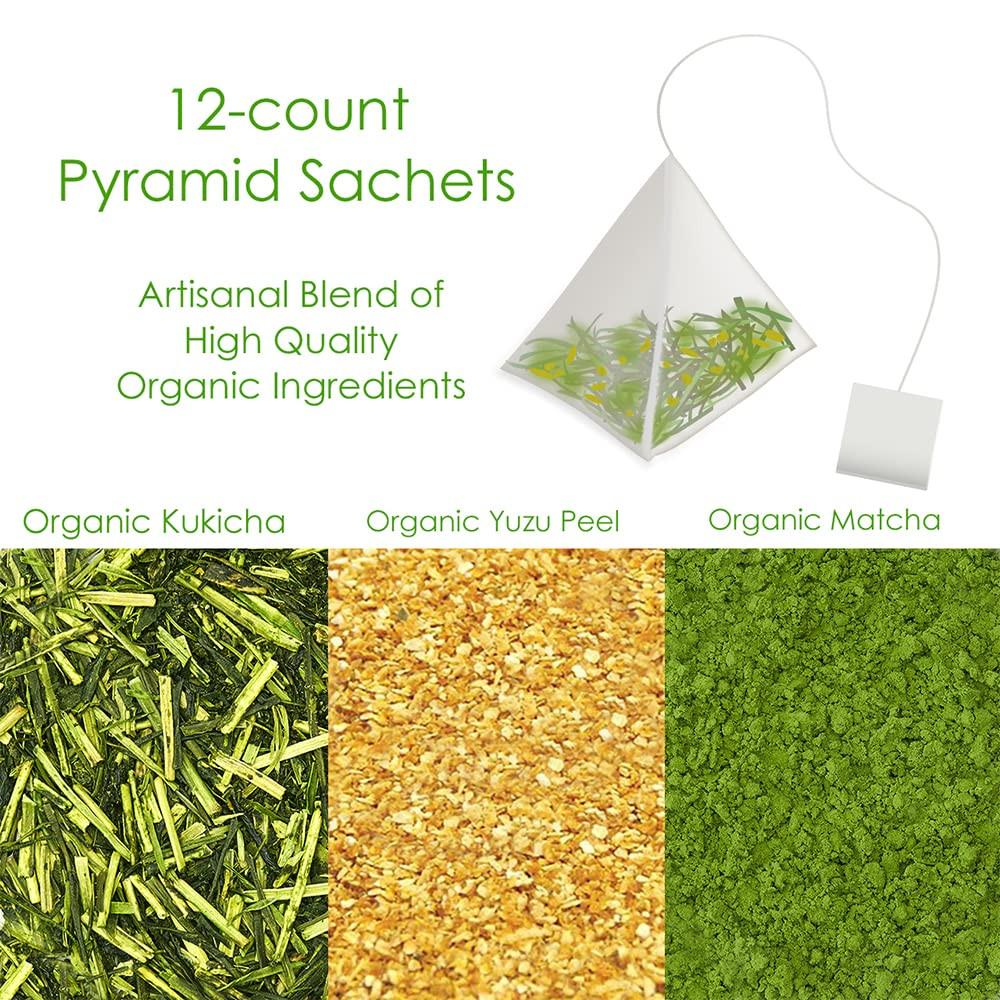 Japanese Organic Yuzu Matcha Kukicha Green Tea Bags 12 Count Pack of 1