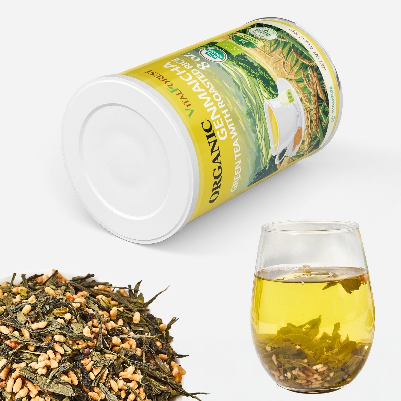 Organic Genmaicha Green Tea Loose Leaf – Roasted Rice, Smooth Flavor 8oz
