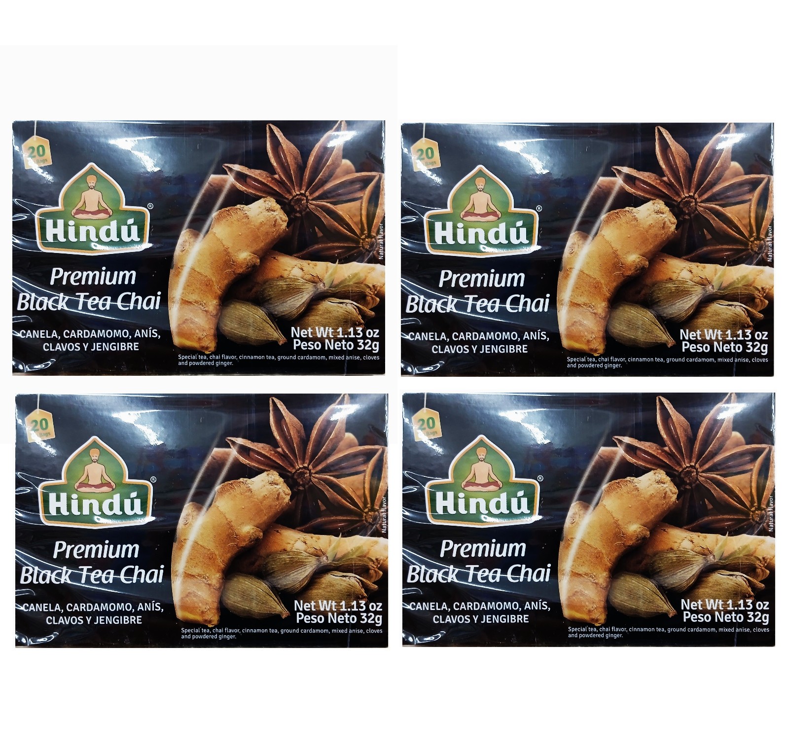 Hindu Black Tea Chai -Cinnamon-Anise-Cardamon-Clove-Ginger- 20 Bags (Pack of 4)