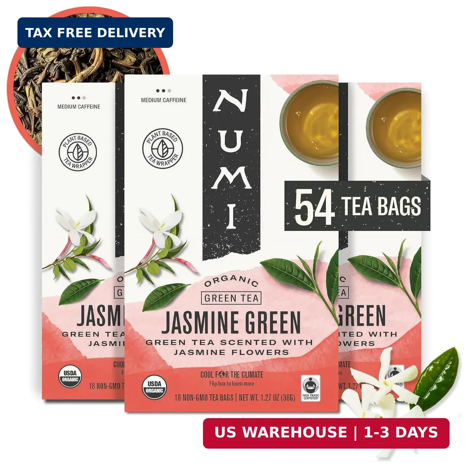 Numi Organic Green Tea with Jasmine, 54 Green Tea Bags Scented with Real Jasmine