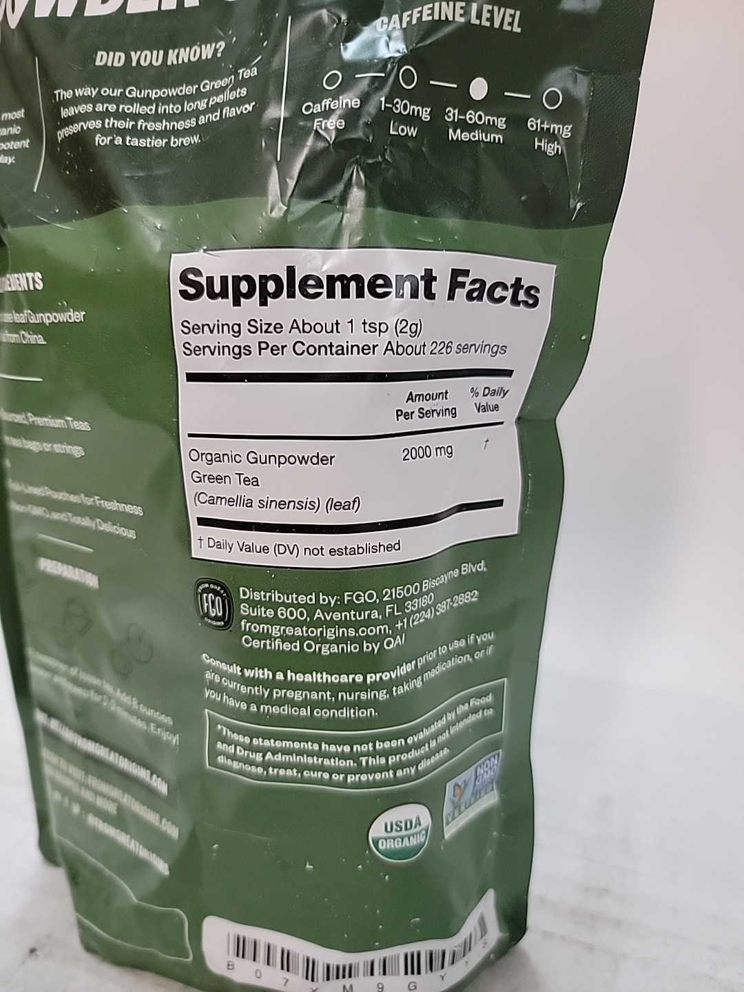 FGO Organic Gunpowder Green Loose Leaf Tea, Resealable Kraft Bag, 16oz, BB7/26