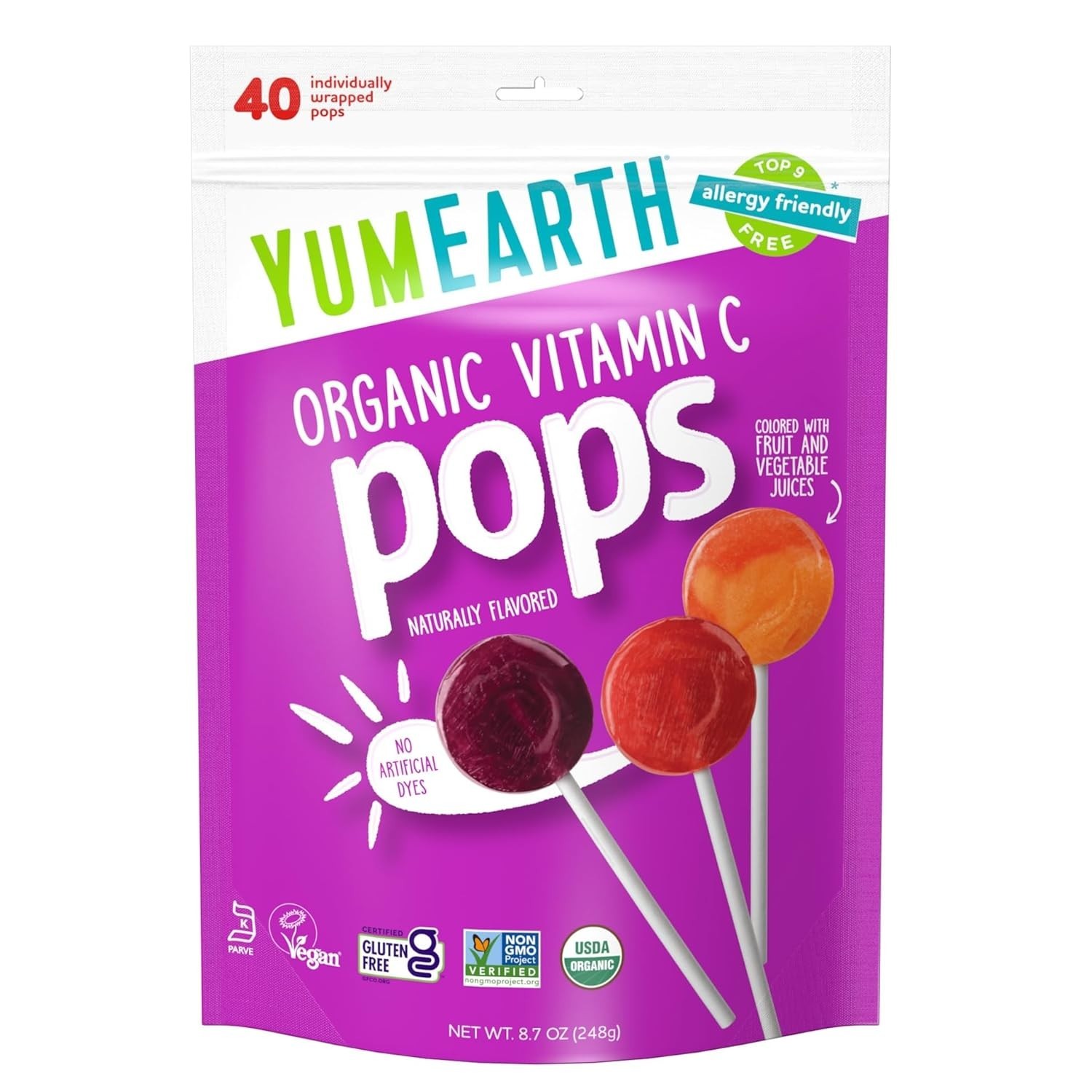 YumEarth Organic Vitamin C Pops 40 Count Allergy Friendly Lollipops