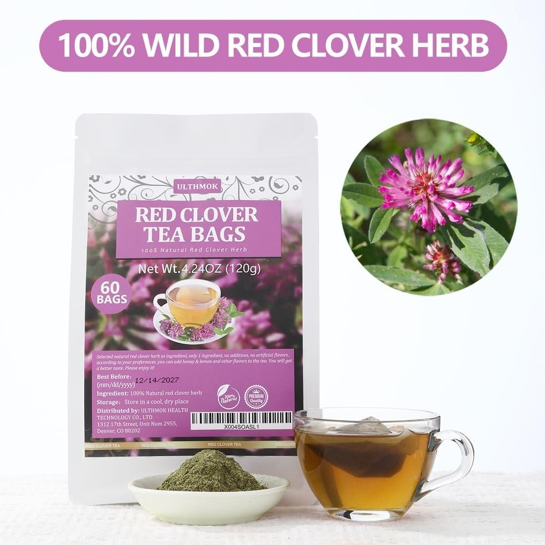60 Premium Red Clover Tea Bags, Made with 100% Natural Red Clover Flowers & Herb