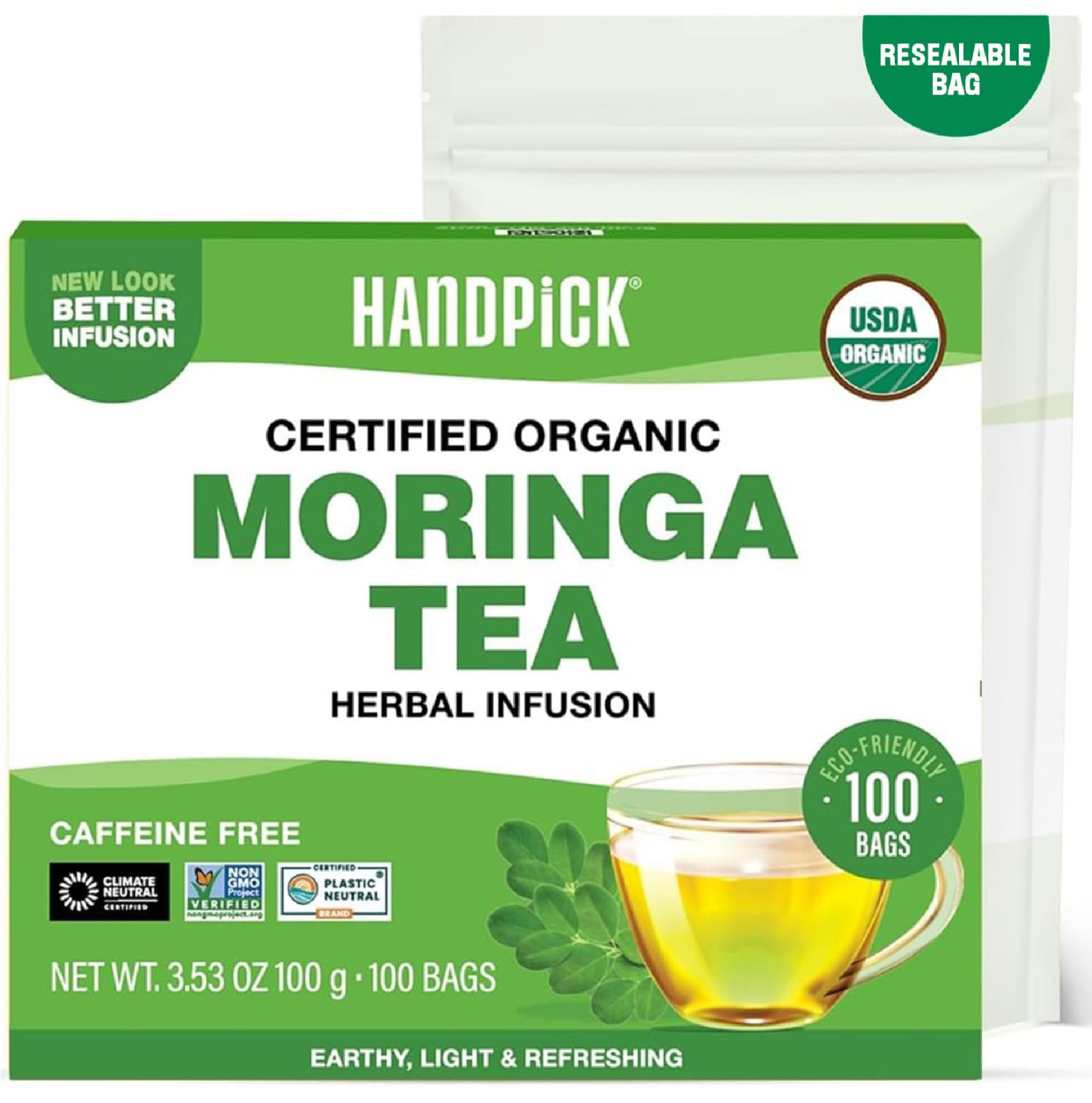 HANDPICK, Organic Moringa Tea Bags (100 Count), Pure Moringa Leaves | Authentic
