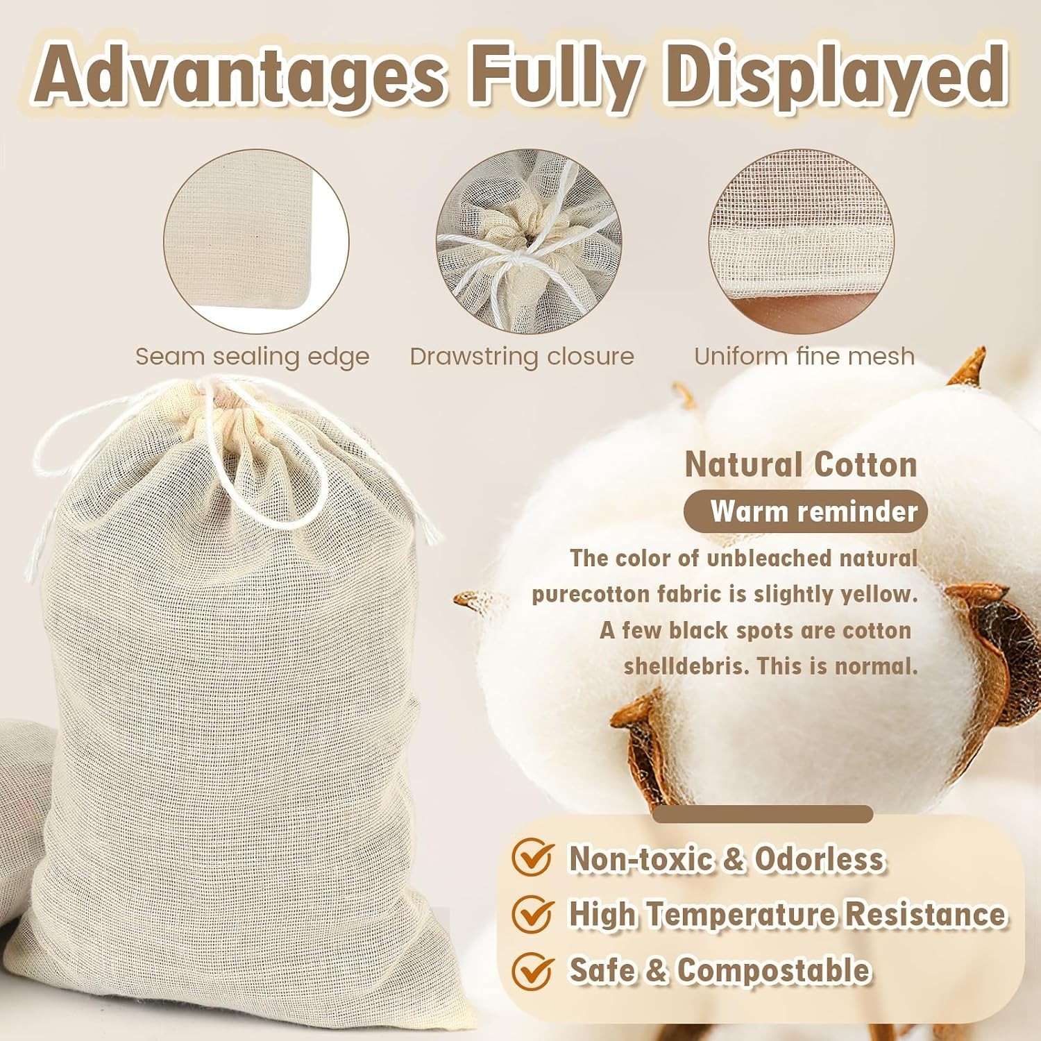 Reusable Cotton Tea Bags 30pcs Mesh Drawstring Filter Bags for Cooking Herbs